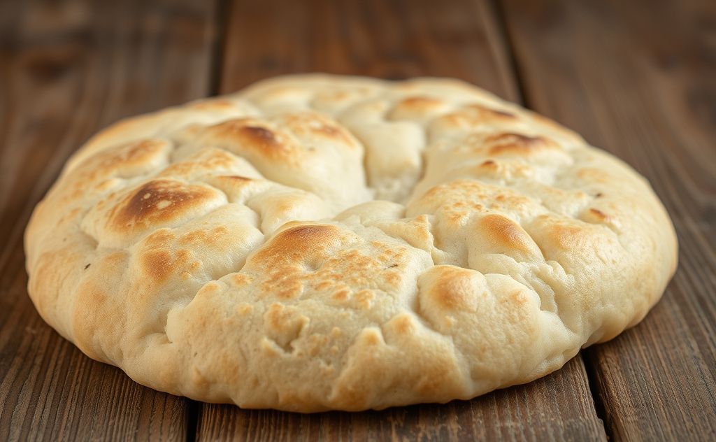 A warm, fluffy pita bread resting on a rustic wooden table.
