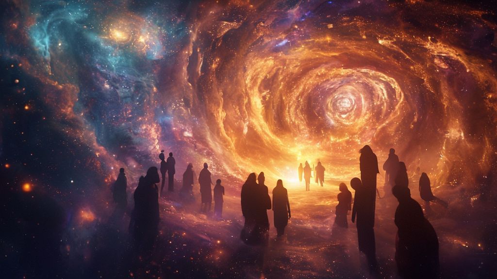 A warm, glowing hearth within a swirling nebula. Silhouettes gather, reaching towards the light. Soft blues, purples, and golds emanate hope. Mystic, ethereal, 4k, cinematic lighting.