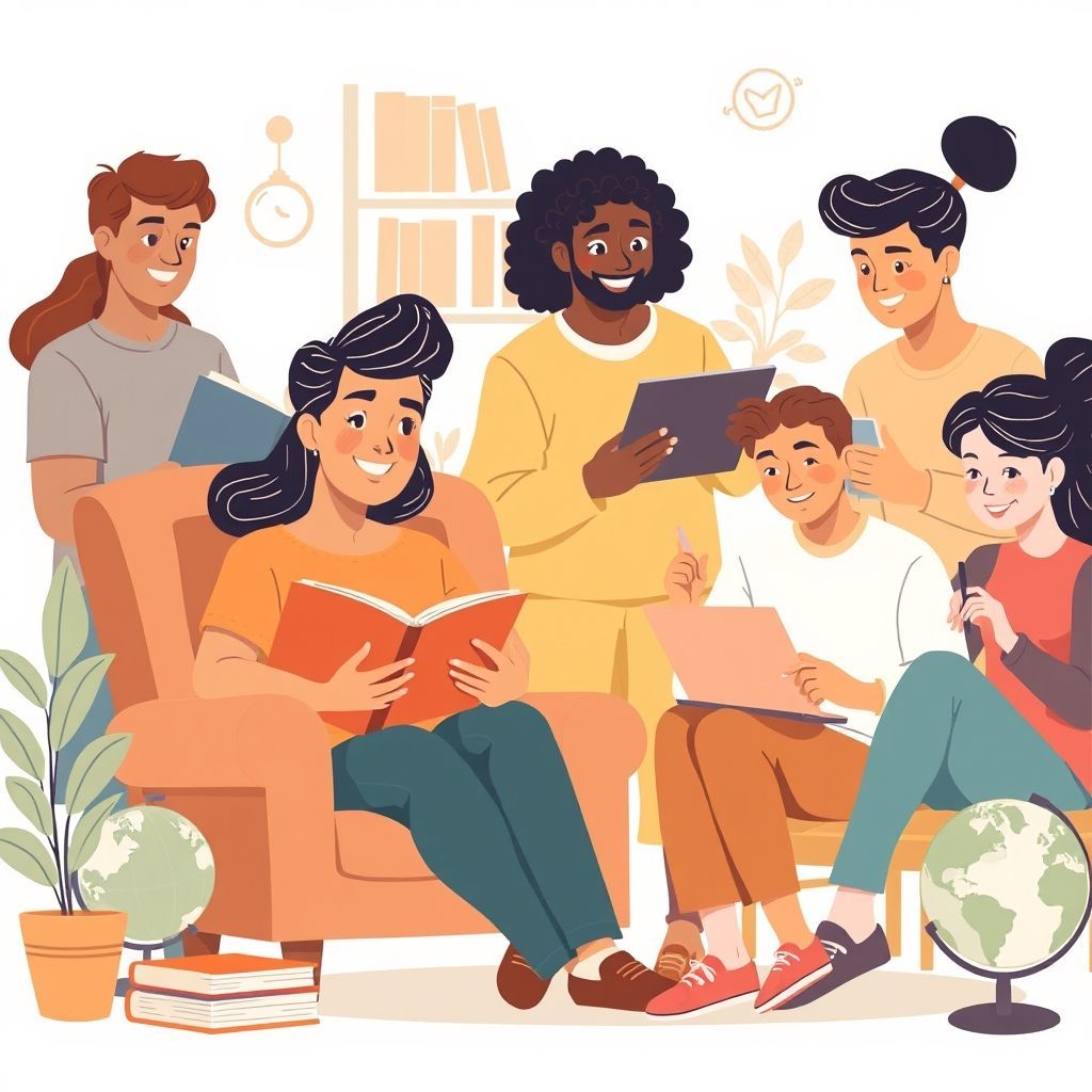 A warm, inviting illustration of a diverse group of people (adults and young adults) engaged in various learning activities: one person reading a book in a cozy armchair, another discussing ideas with a friend over coffee, someone else working on a laptop with a focused expression, and a person sketching or taking notes. The background is bright and airy, with subtle elements like books, plants, and a globe, conveying a sense of growth, discovery, and continuous learning. The overall mood is positive and encouraging.