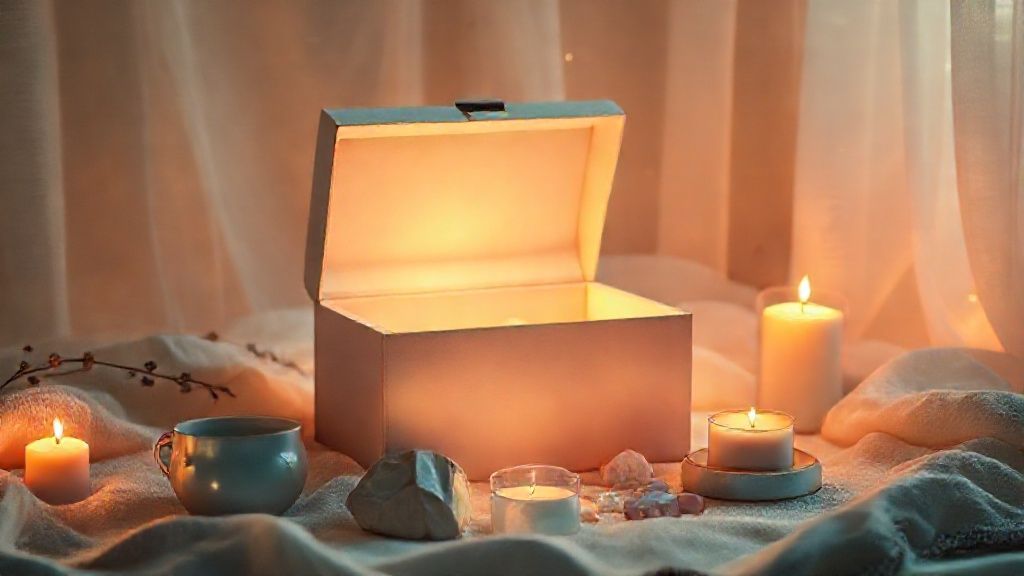 A warmly lit, mystical scene: a floating, open self-care box spills soft light onto calming, pastel-colored items (tea, candles, crystals). Ethereal, gentle glow. 4k, cinematic.