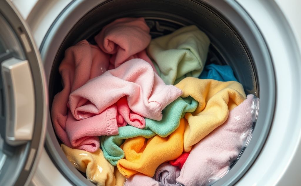 A washing machine filled with colorful clothes in warm water.