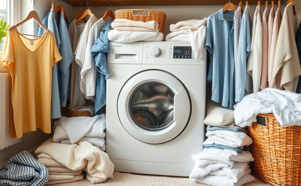 A washing machine surrounded by fresh laundry in a cozy home setting.