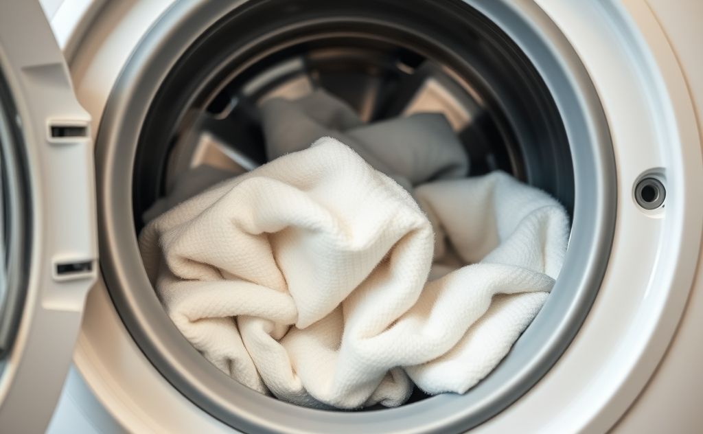 A washing machine with a spinning drum and clean laundry.