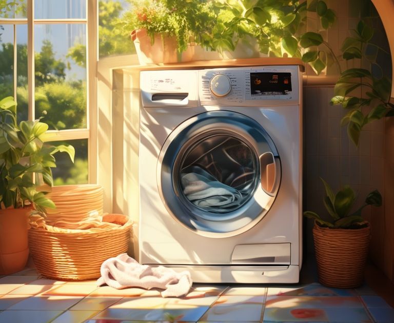 A washing machine with clothes in a sunny, warm environment.
