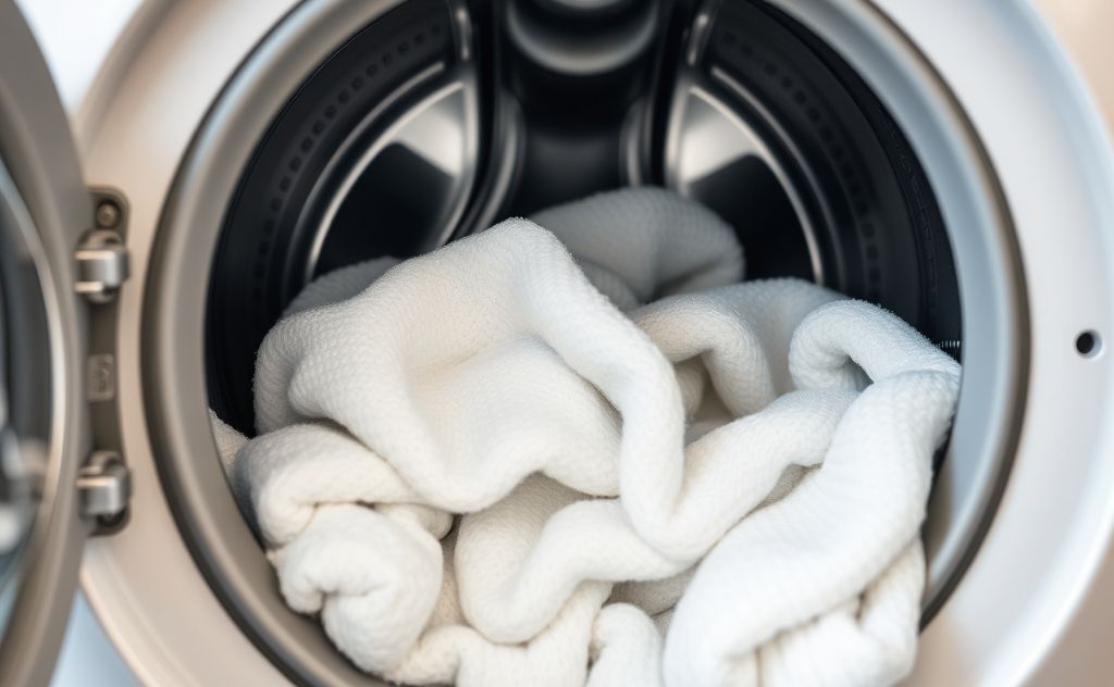 A washing machine with water temperature settings and clean laundry.