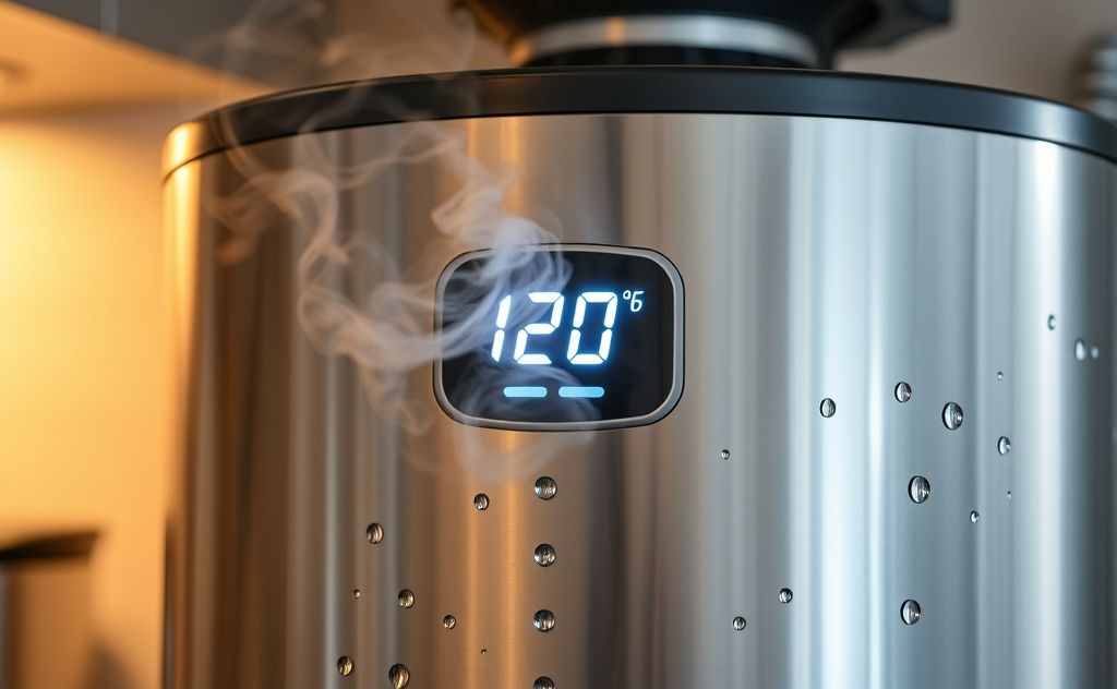A water heater set at 120°F with steam and water droplets.