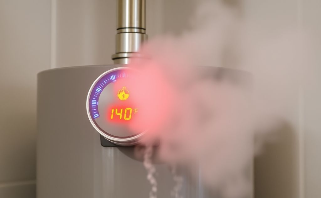 A water heater set to 140°F with steam rising from the faucet.