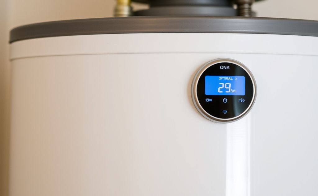 A water heater with a digital thermostat displaying optimal temperature.