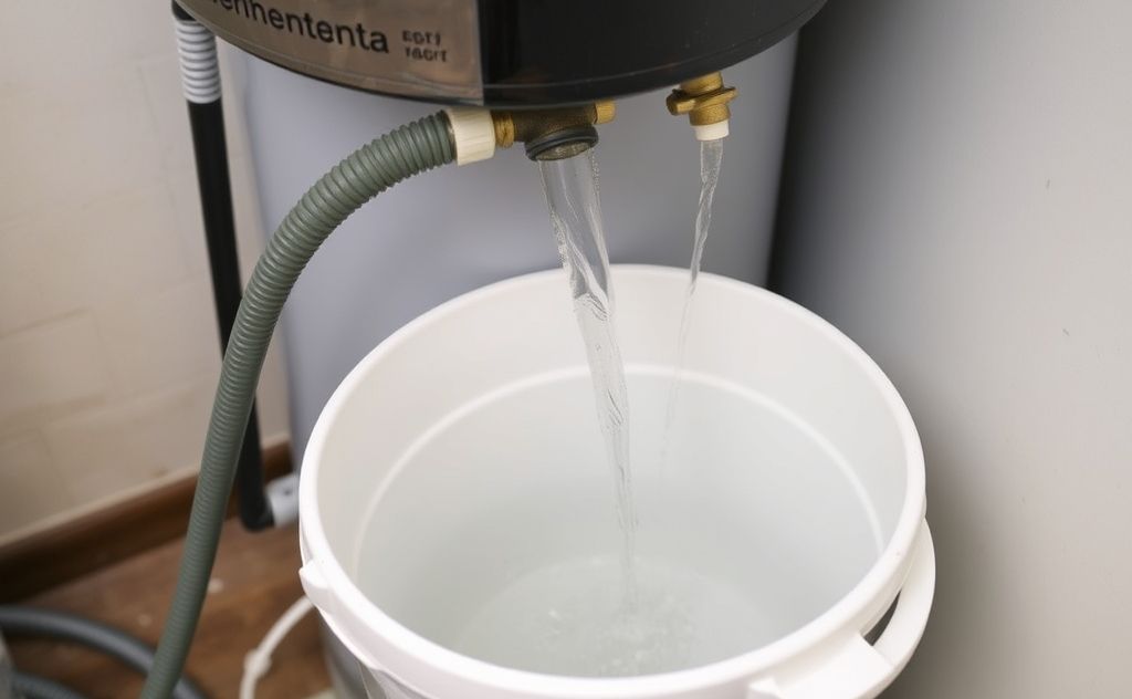 A water heater with a hose draining water into a bucket.