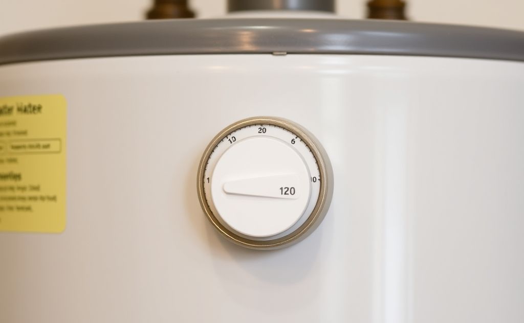 A water heater with a temperature dial set to 120 degrees Fahrenheit.