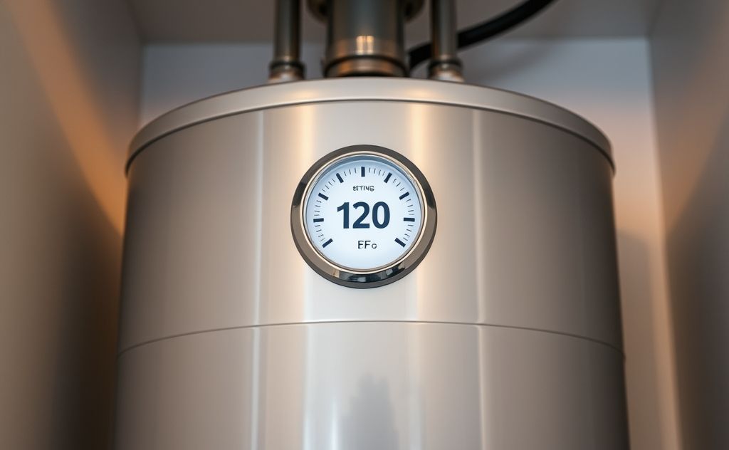 A water heater with a temperature gauge set at 120°F.