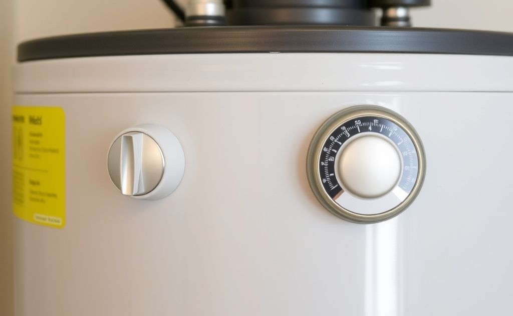 A water heater with a thermostat displaying optimal temperature settings.
