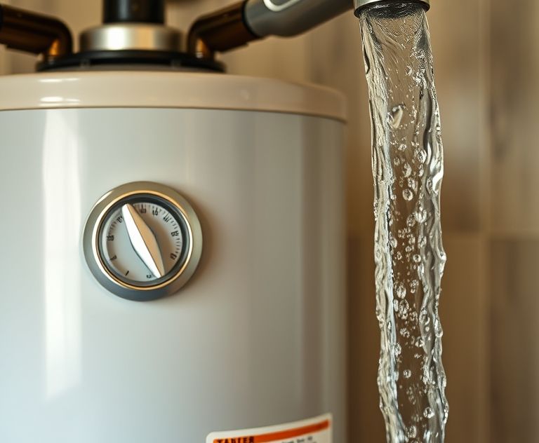 A water heater with a timer and flowing water in a home setting.