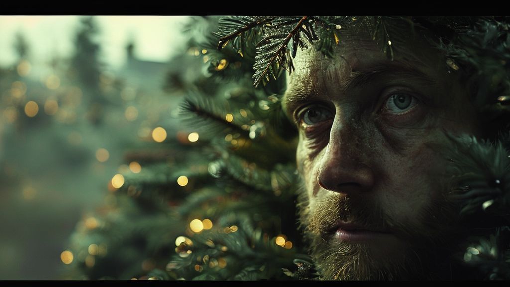 A weary figure, eyes subtly strained, amidst a Portland Christmas tree farm. Low, diffused, ethereal lighting casts long shadows. Muted greens, golds, and a touch of smoky gray evoke a feeling of subdued festive fatigue.