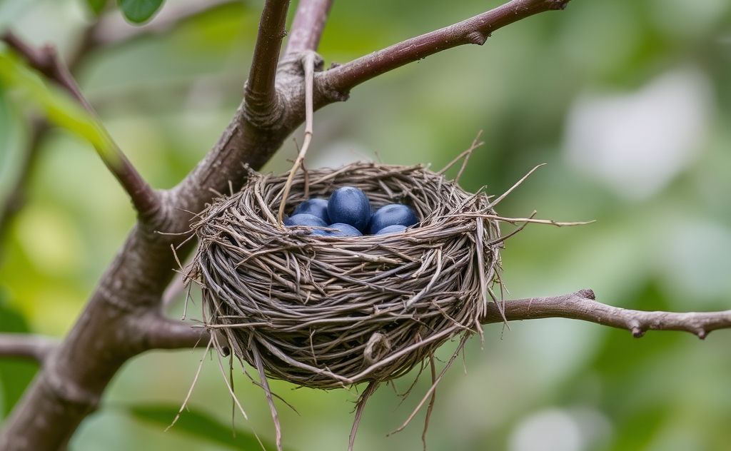 A weathered bird's nest nestled in a tree branch.