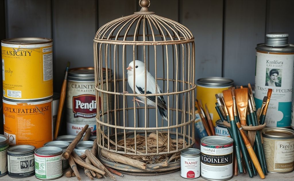 A weathered birdcage surrounded by paint cans and brushes.
