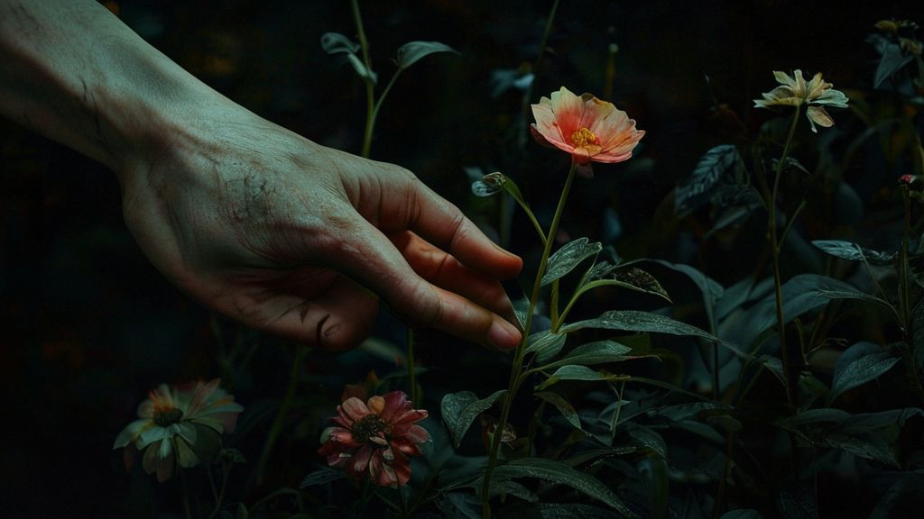 A weathered hand tenderly tending a wilting, shadowed garden. Pale moonlight casts long shadows, illuminating a single, vibrant bloom amidst the darkness, reflecting the weight of ancestry.