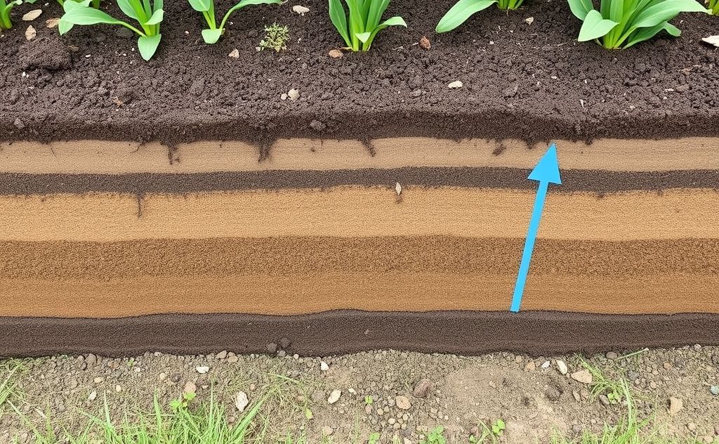 A well-drained garden bed with soil layers and water flow indicators.