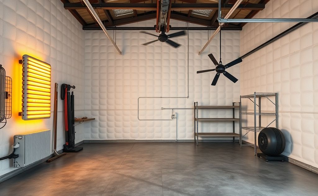 A well-insulated garage with a heater and fan for climate control.