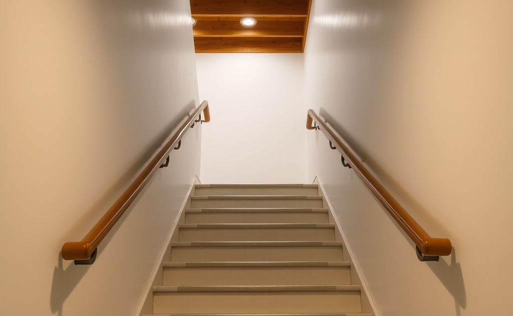 A well-lit staircase with sturdy handrails and non-slip treads.