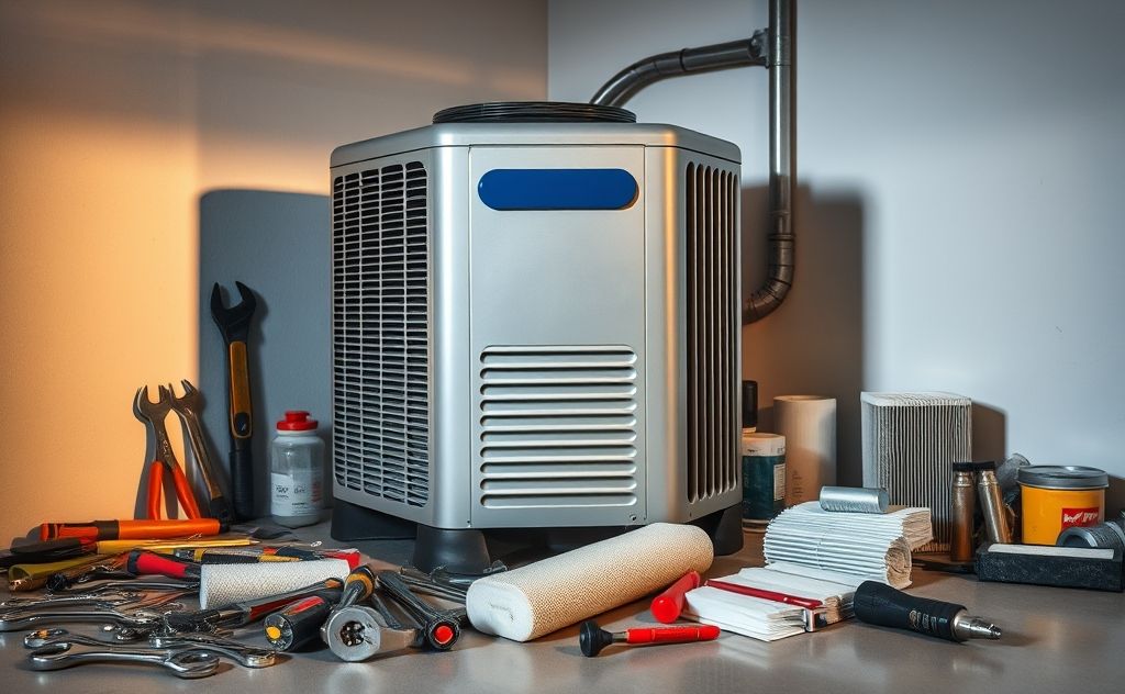 A well-maintained air conditioner with tools and filters nearby.