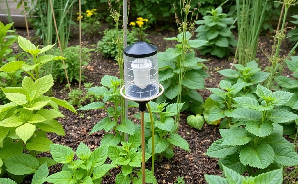 A well-maintained garden with healthy plants and pest traps.