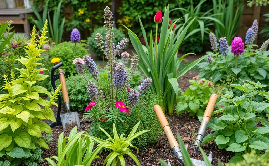 A well-maintained garden with pest-repelling plants and tools.