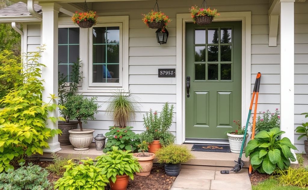 A well-maintained home with pest control tools and plants.