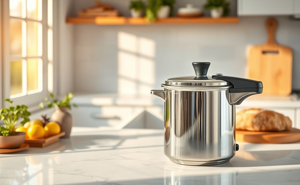 A well-maintained pressure cooker on a clean kitchen countertop.