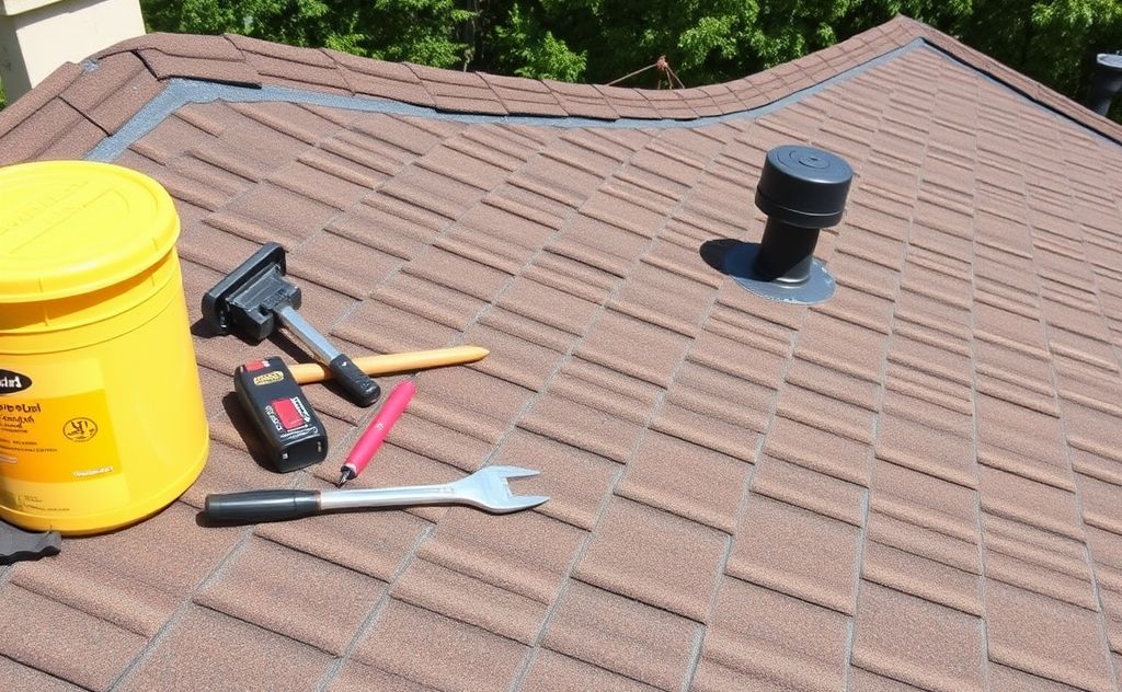 A well-maintained roof with tools and materials for upkeep.