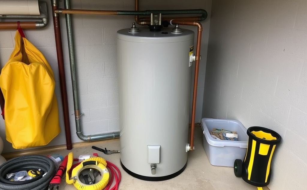 A well-maintained water heater with tools and safety gear nearby.