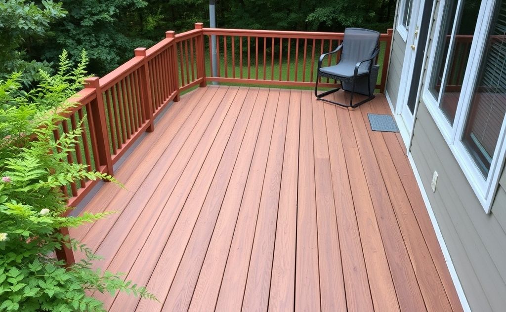 A well-maintained wooden deck surrounded by greenery.