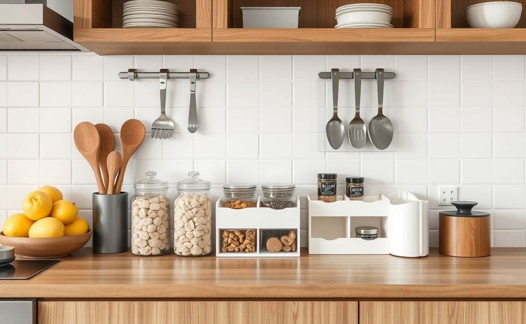 A well-organized kitchen counter with vertical storage solutions.