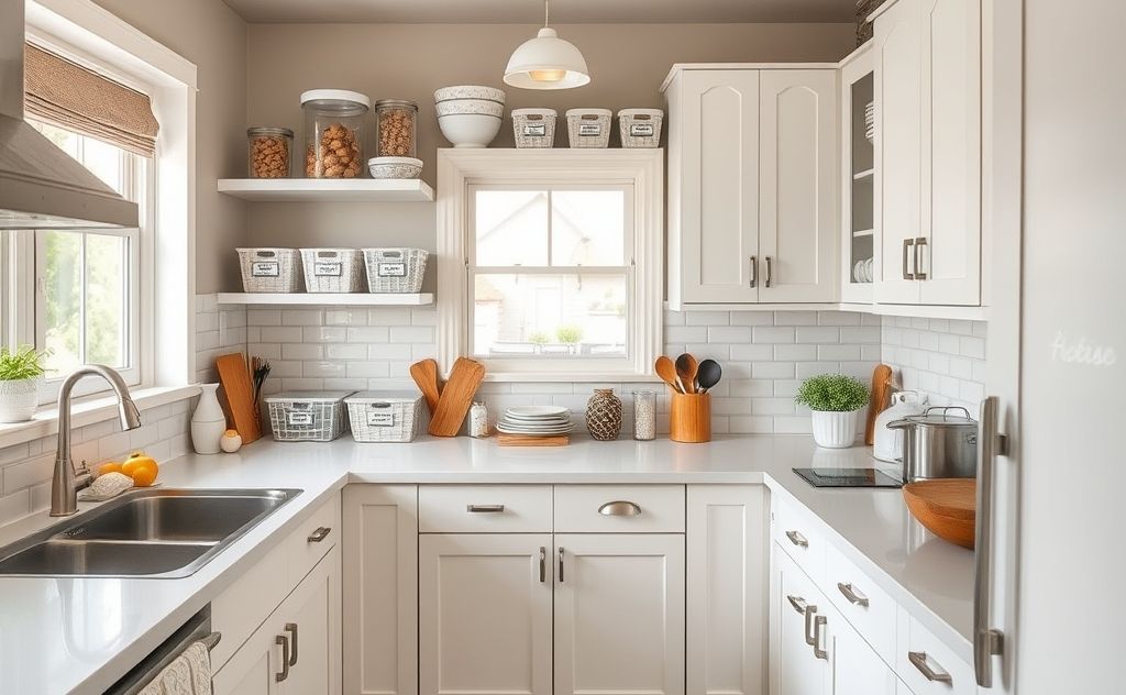 A well-organized kitchen with labeled storage bins and family-friendly layouts.