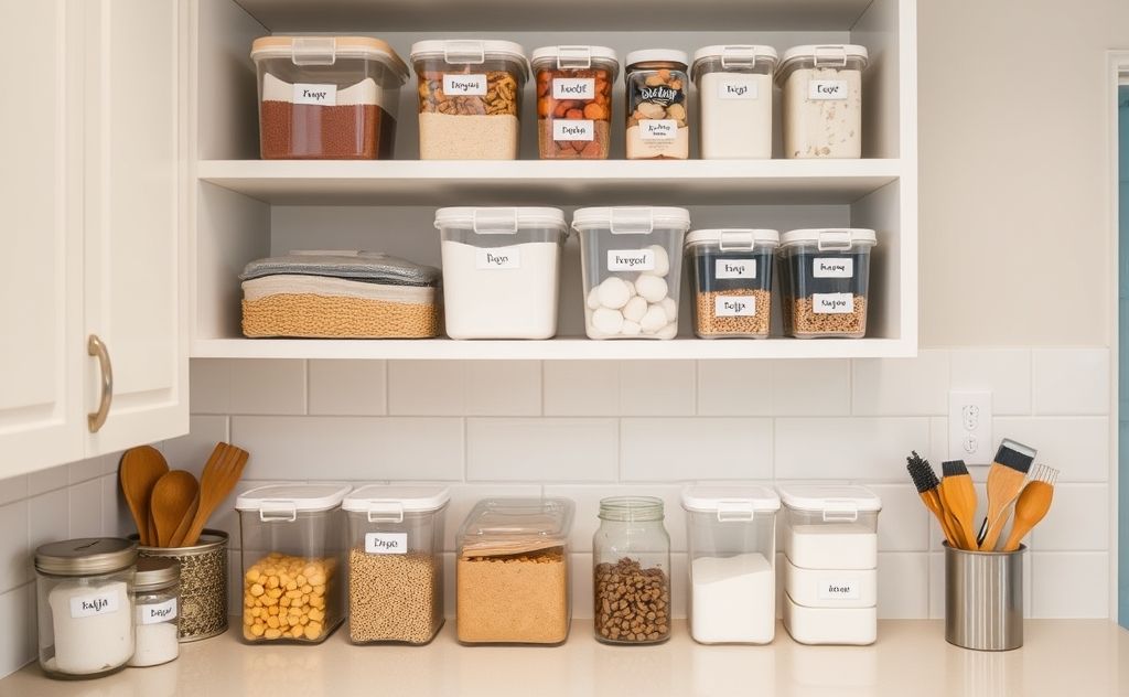 A well-organized kitchen with labeled storage containers and shelves.