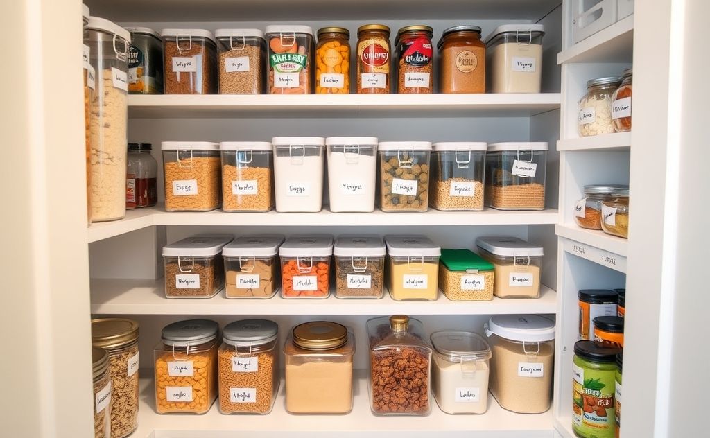 A well-organized pantry with labeled containers and activity zones.