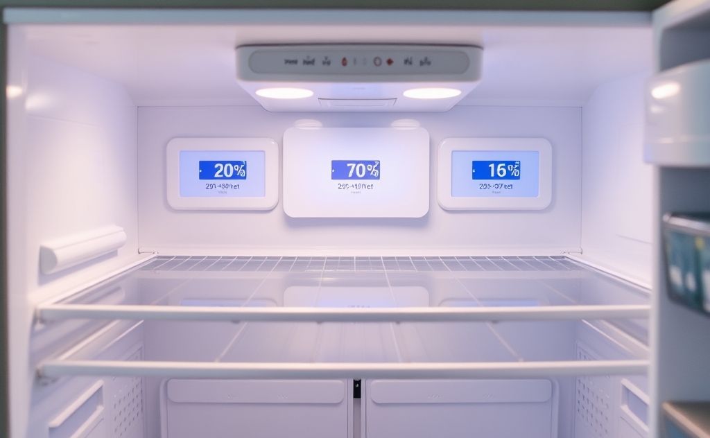 A well-organized refrigerator with visible temperature settings displayed.