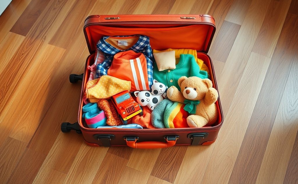 A well-organized suitcase filled with colorful children's clothing and toys.