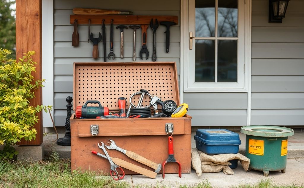 A well-organized toolbox beside a home with tools for maintenance.
