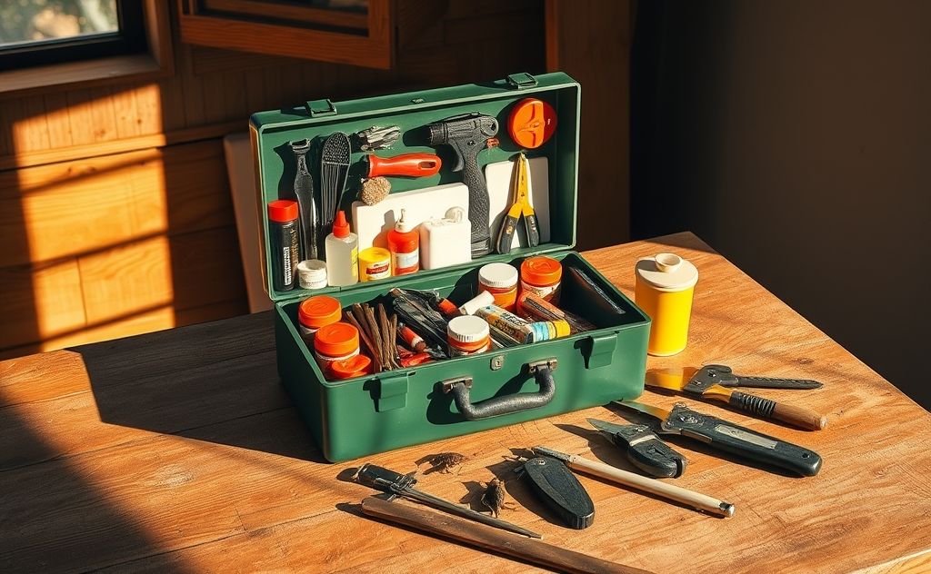 A well-organized toolbox with pest control supplies on a wooden table.