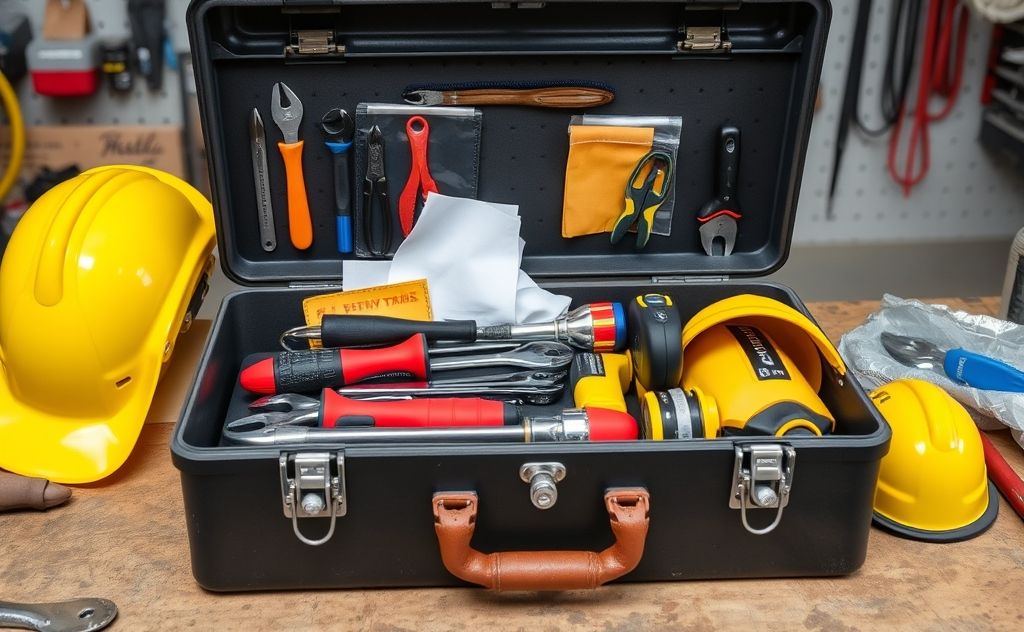 A well-organized toolbox with safety gear on a workbench.