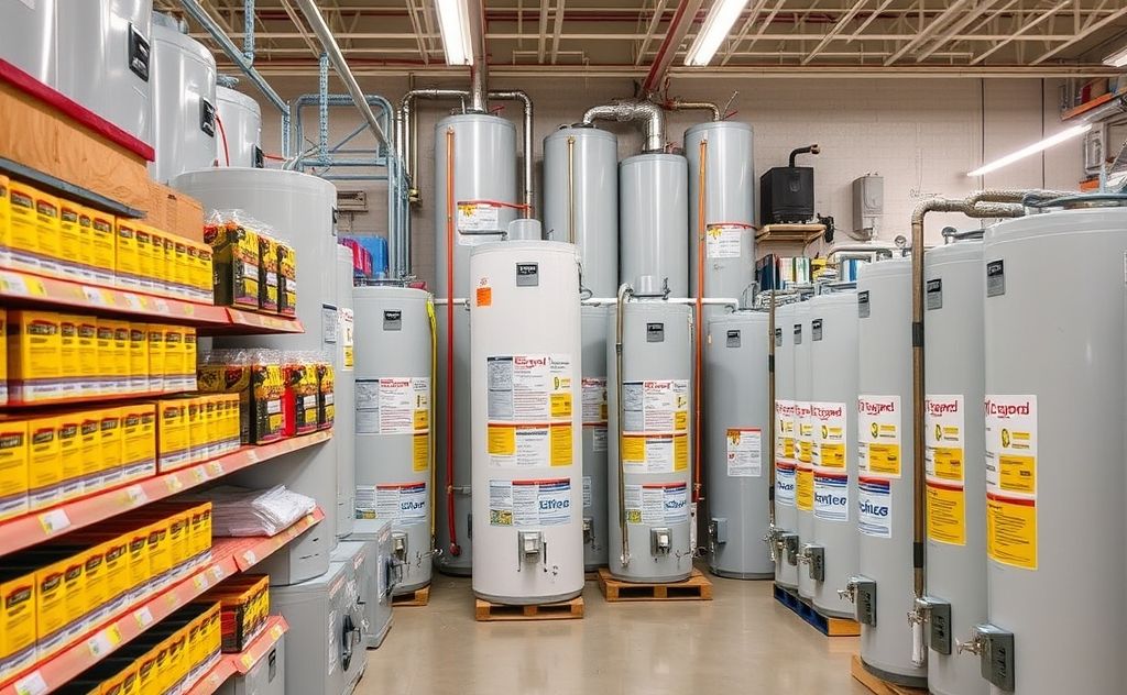 A well-stocked home improvement store aisle with gas water heaters.