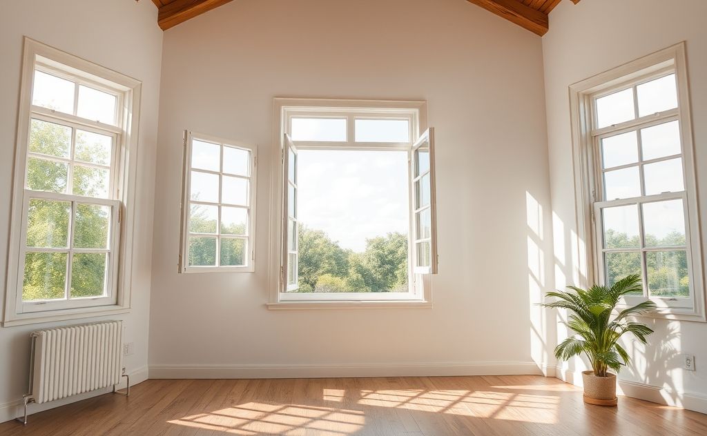 A well-ventilated room with open windows and fresh air flowing in.