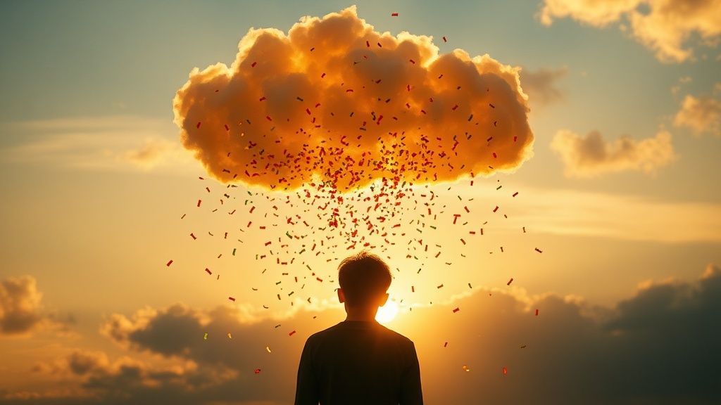 A whimsical cloud bursts with golden laughter, raining tiny, colorful endorphin-shaped confetti onto a figure silhouetted by the setting sun, all bathed in cinematic, ethereal light.