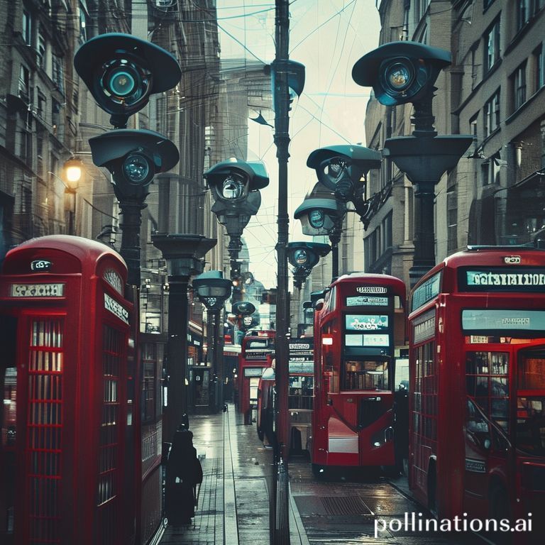 Two advanced surveillance cameras mounted on a historic London street corner, subtly monitoring pedestrian traffic amidst public debate on privacy and national security.