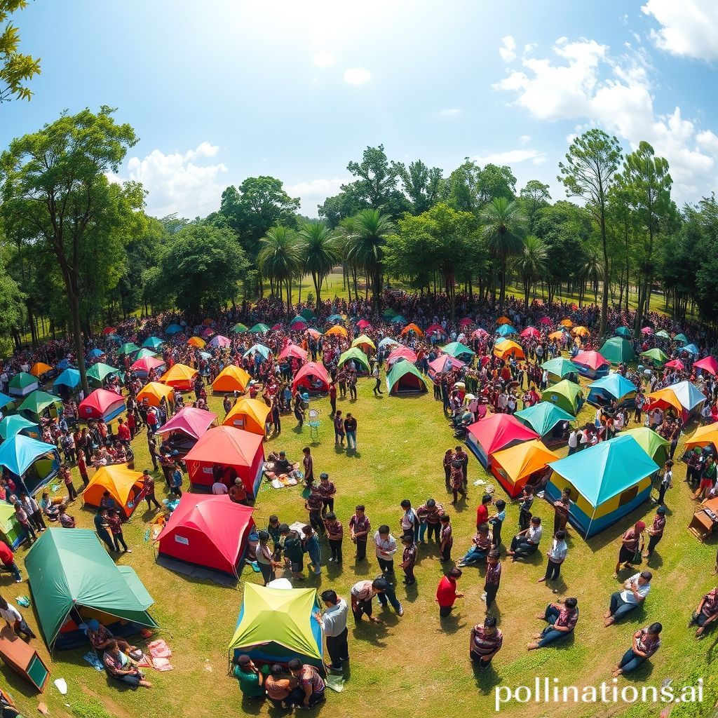 A wide shot of a bustling scout camp at Bumi Perkemahan Cibubur, Indonesia. Thousands of scouts in various uniforms are seen setting up tents, participating in outdoor activities, and interacting. Colorful tents and national flags are visible against a backdrop of green trees. The atmosphere is vibrant and energetic, conveying a sense of teamwork and national pride.