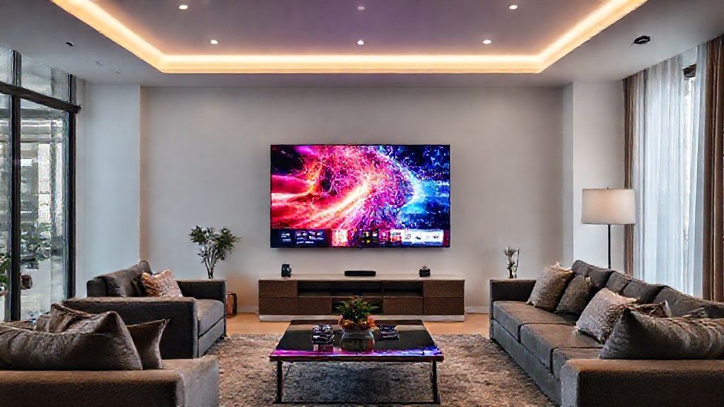 A wide shot of a modern living room with an LG Smart TV displaying a vibrant, high-definition digital broadcast, surrounded by comfortable furniture, creating an inviting entertainment space.
