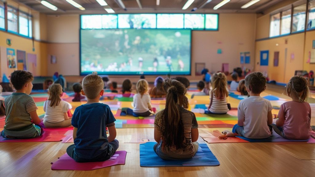 体育館で映画に見入る様々な年齢の子どもたち