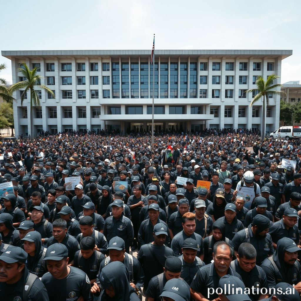A wide shot of thousands of people in black attire protesting peacefully in front of a modern government building in Jayapura, Papua, Indonesia. The crowd is diverse, including men and women of various ages, some holding small banners or signs. The atmosphere is solemn yet determined, under a clear, bright sky. The focus is on the scale of the protest and the symbolic black clothing.