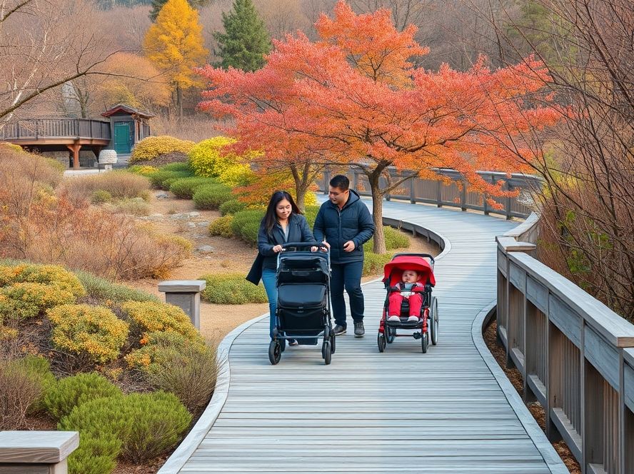 유모차나 휠체어를 이용하는 방문객들이 화담숲의 무장애 코스를 편안하게 즐기는 모습.